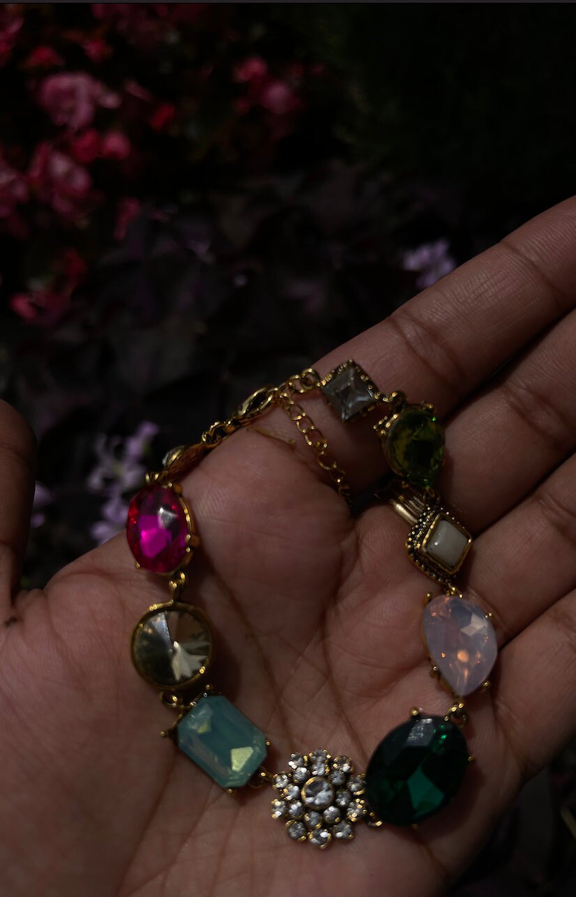 Gold and multi-stone multicolor Tribal Gypsy Crystal Stackable Bali statement jewels jewelry charm Bracelet pendants FREE GIFT BOX
