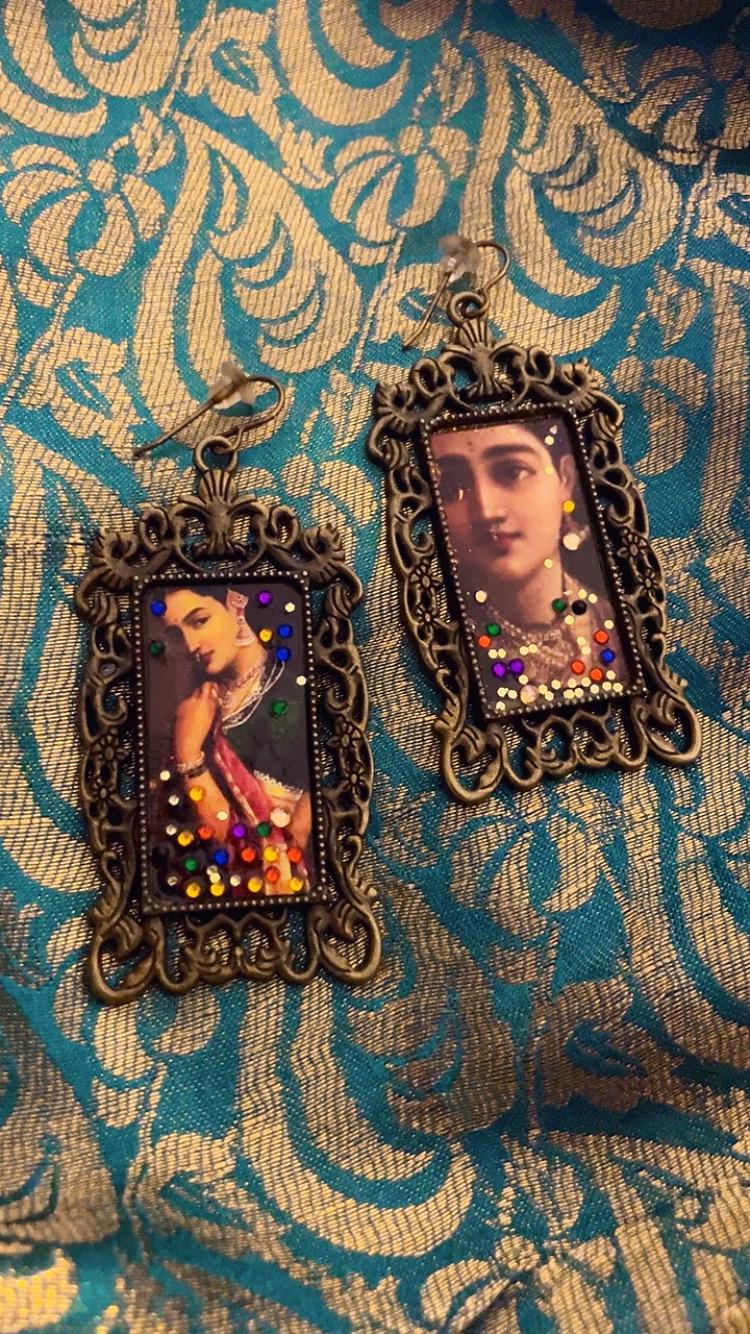 Handmade 1800s regal India Raja Ravi artist folklore printed photo antique picture frame portrait earrings with colorful crystals in bronze
