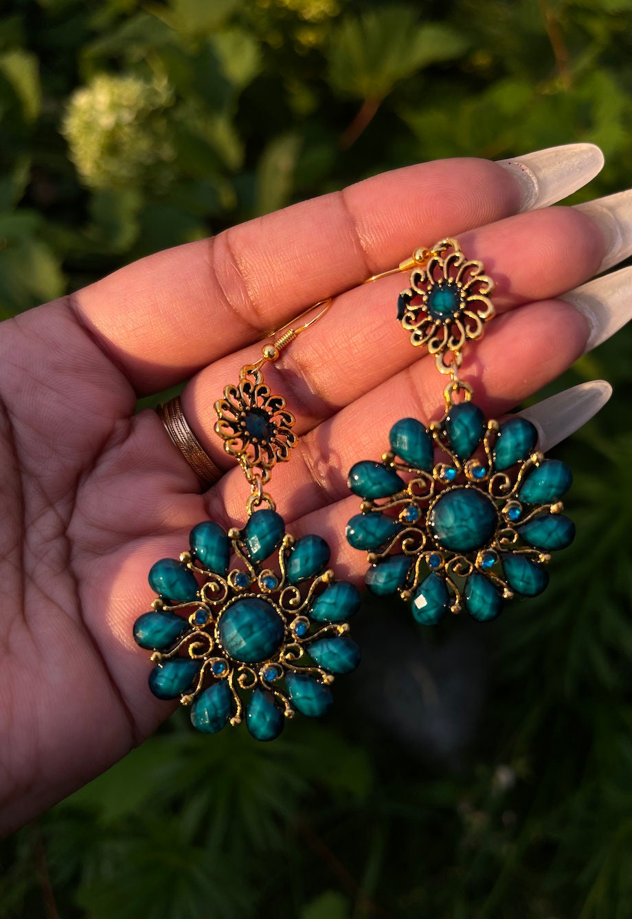 Ocean beach gold turquoise native Bohemian floral green blue mandala ritual yantra tantric lightweight chandelier earrings gorgeous jewelry