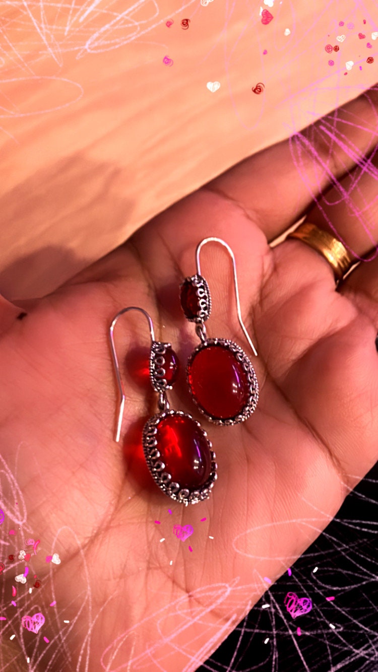 Handmade faux cherry red crimson and silver dangle drop lightweight minimal ear wire ruby statement earrings jewelry free gift for her
