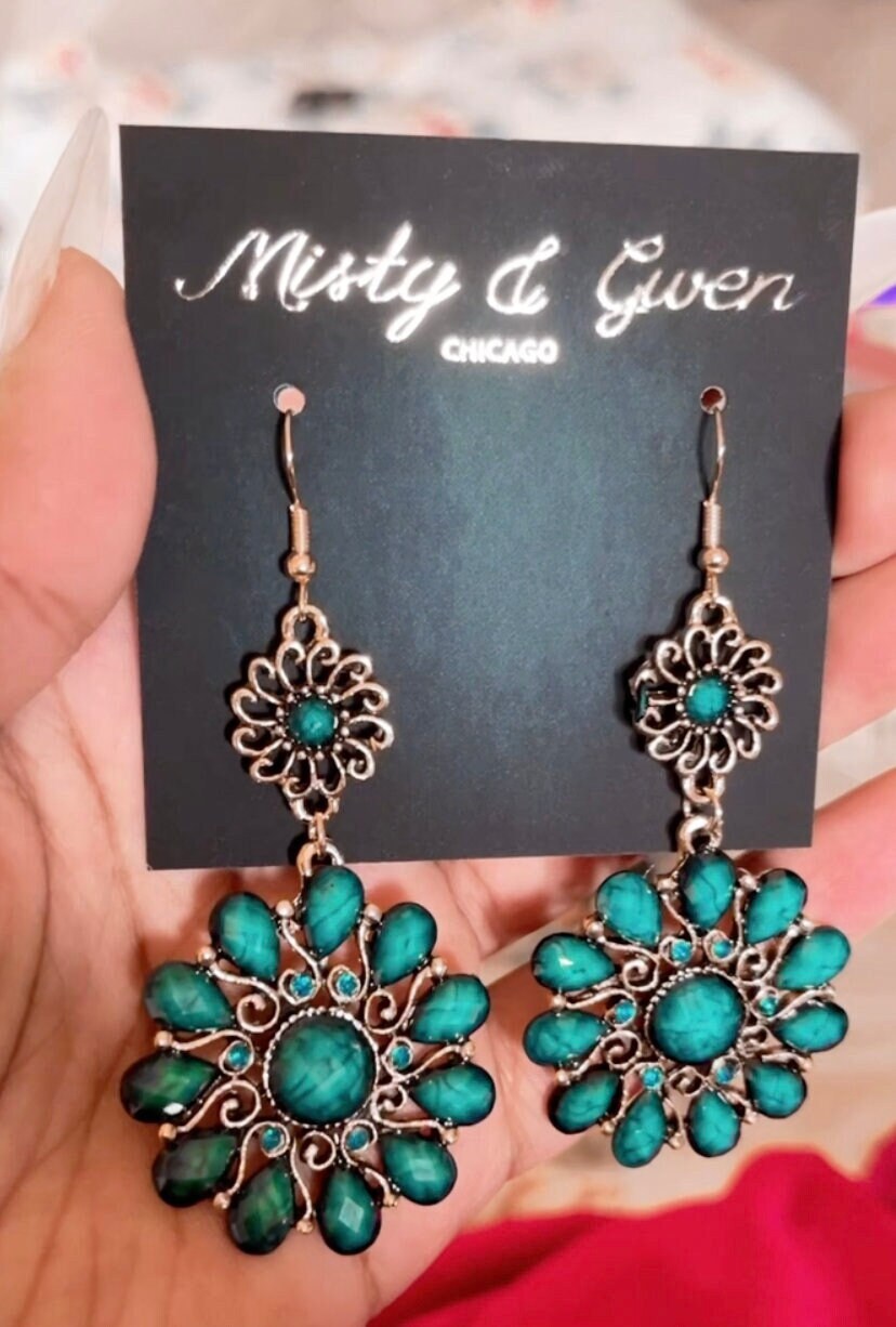 Ocean beach gold turquoise native Bohemian floral green blue mandala ritual yantra tantric lightweight chandelier earrings gorgeous jewelry