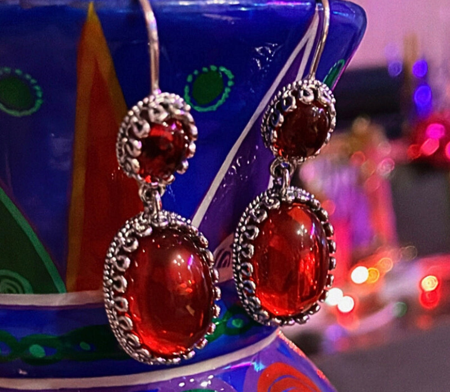 Handmade faux cherry red crimson and silver dangle drop lightweight minimal ear wire ruby statement earrings jewelry free gift for her