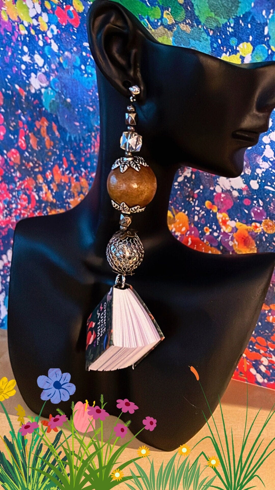 Handmade wooden beads fairytale storybook enchanted turquoise gemstone painter's earrings jewels children for artists (comes in a free box!)