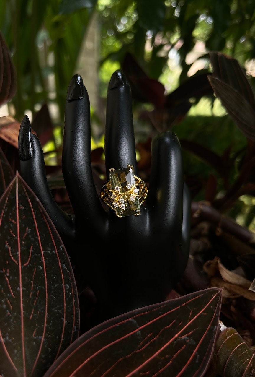 Fortune Teller Yellow gold olive green gemstone diamond rectangle stone crystal gypsy tribal hippie stacking ring floral vine costume jewel