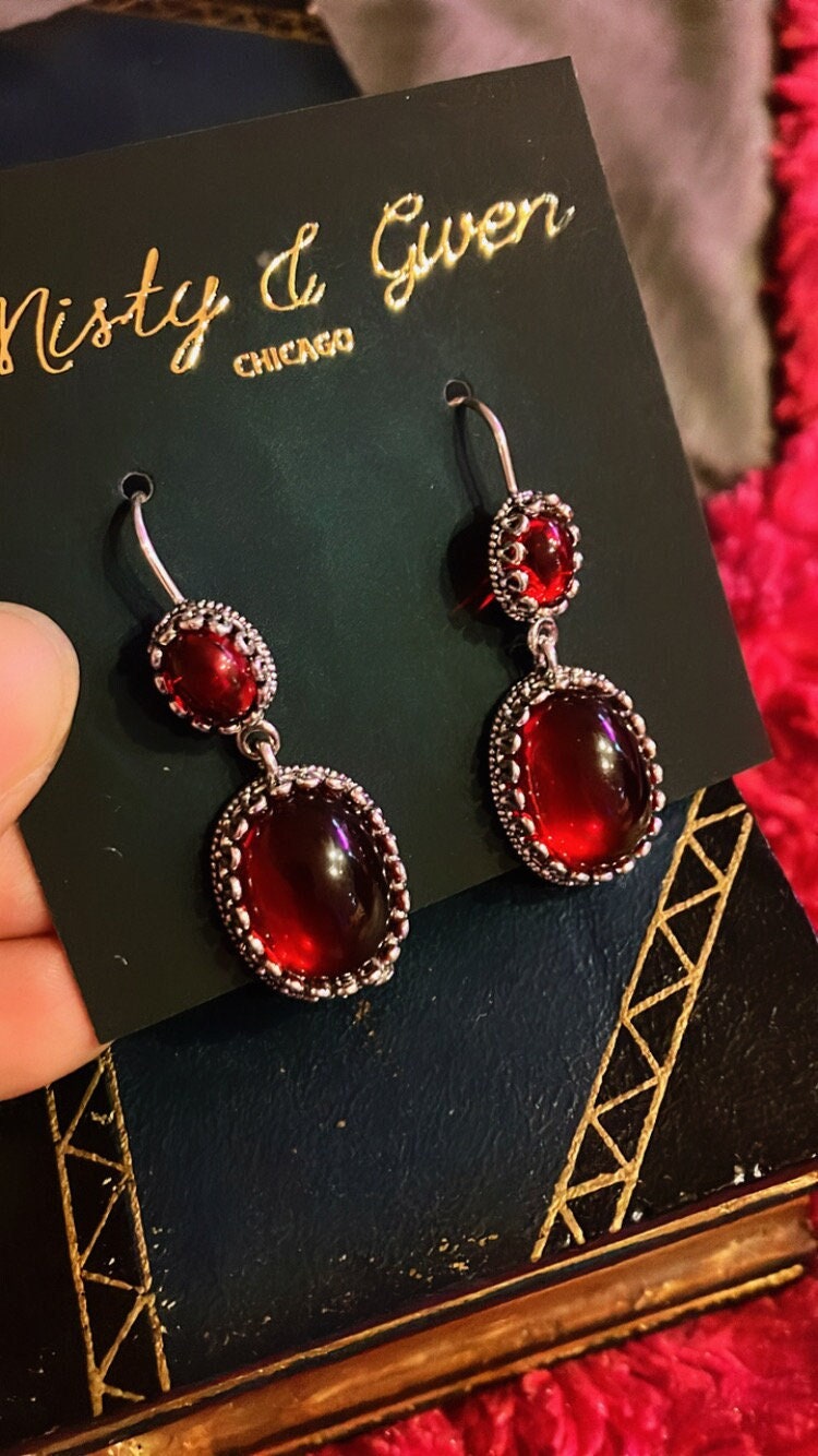 Handmade faux cherry red crimson and silver dangle drop lightweight minimal ear wire ruby statement earrings jewelry free gift for her