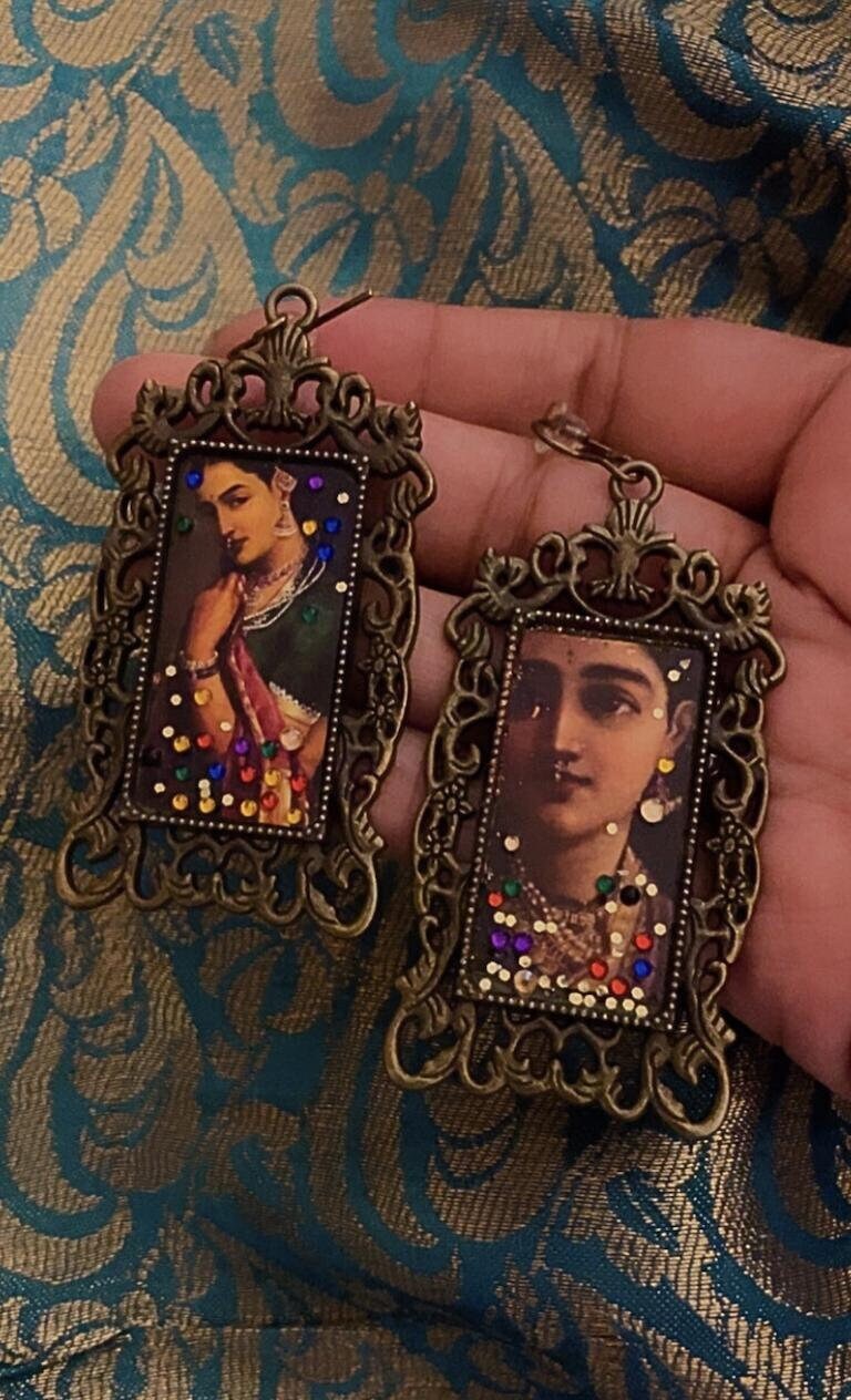 Handmade 1800s regal India Raja Ravi artist folklore printed photo antique picture frame portrait earrings with colorful crystals in bronze