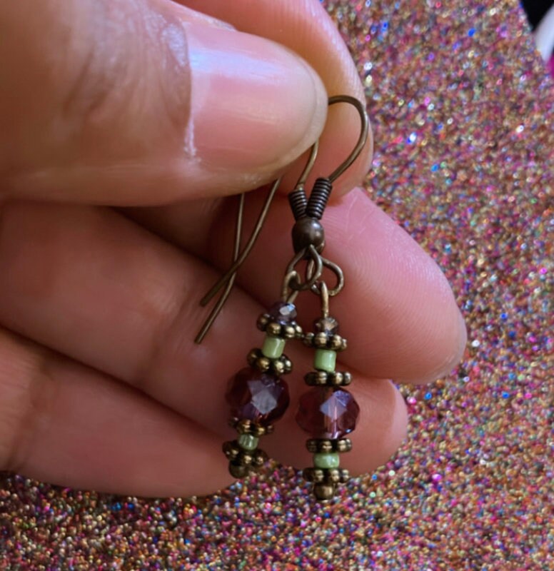 Tiny charmed minimalist earthy bronze green and dusty rose boho pendant bead earrings