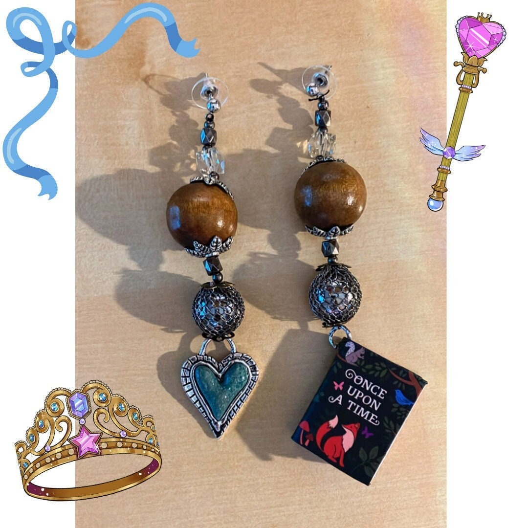 Handmade wooden beads fairytale storybook enchanted turquoise gemstone painter's earrings jewels children for artists (comes in a free box!)