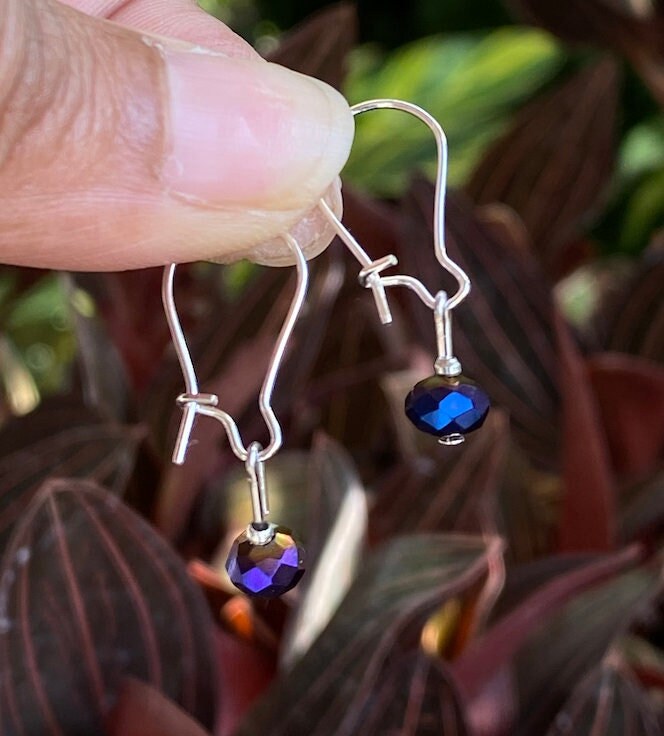 Simple Minimal Handmade witchy oil slick purple jewel bead dangly dainty silver earrings for free spirit travelers