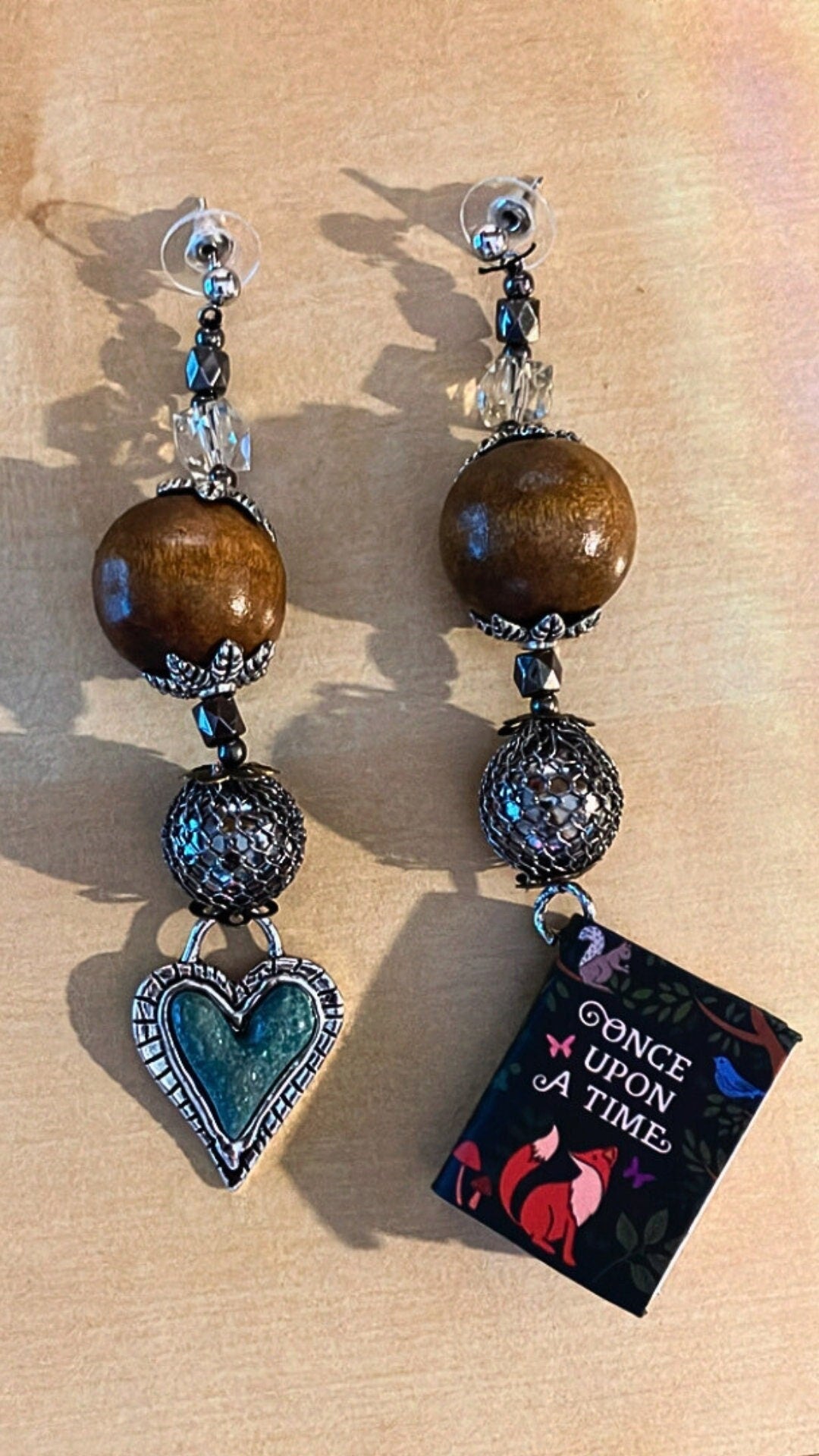 Handmade wooden beads fairytale storybook enchanted turquoise gemstone painter's earrings jewels children for artists (comes in a free box!)