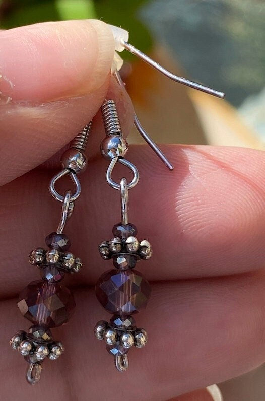 Handmade Mini dainty sparkly Bali minimal dangle drop Indian boho gypsy hippie earrings with dusty rose pink crystal beads for travelers