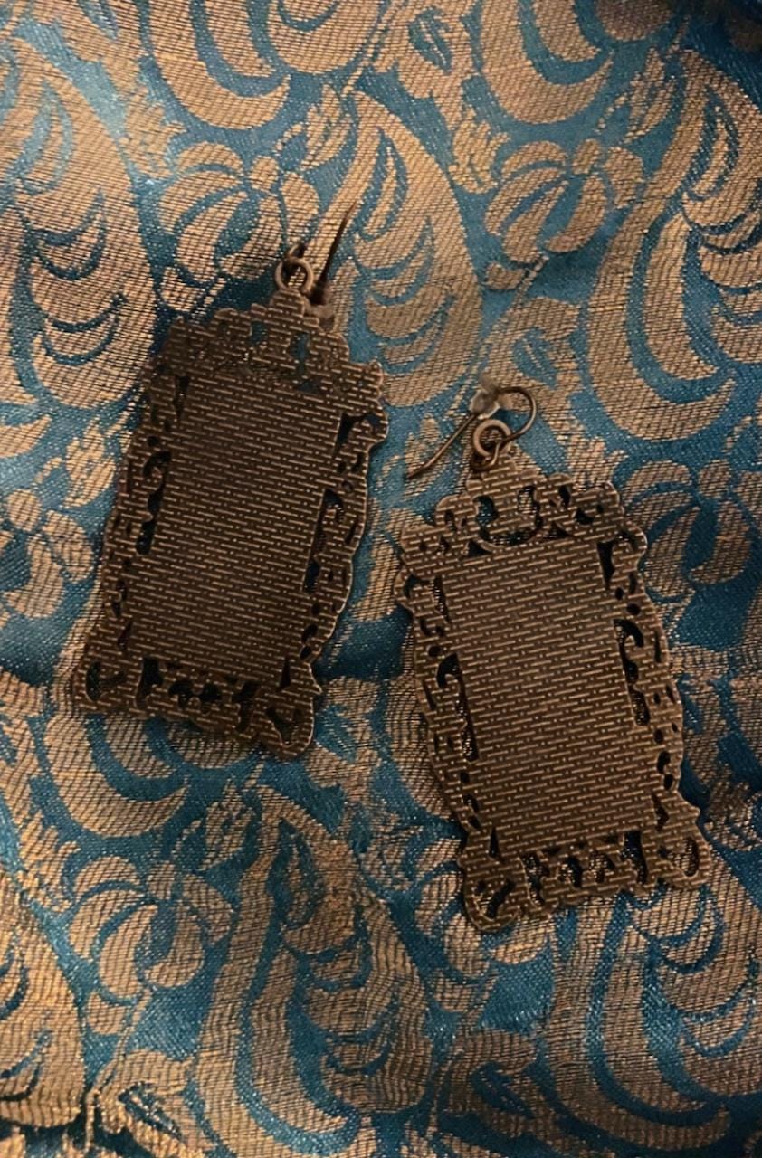 Handmade 1800s regal India Raja Ravi artist folklore printed photo antique picture frame portrait earrings with colorful crystals in bronze