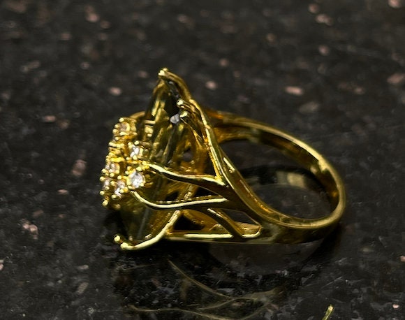 Fortune Teller Yellow gold olive green gemstone diamond rectangle stone crystal gypsy tribal hippie stacking ring floral vine costume jewel