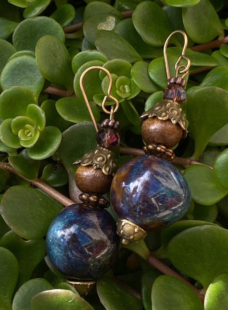 Handmade Hippie dangle drop Starburst Nebula Galaxy antique vintage bronze wood crystal bead Enchanting Witch trending traveler earrings