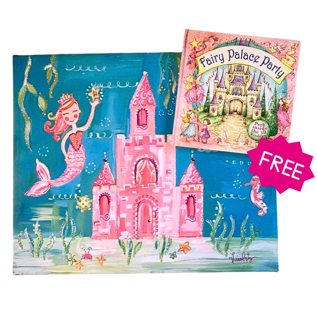 Handpainted PRINTED kids room fairy princess Mermaid Glitter under the sea painting poster free 3D children's book princesses ages 3 and up