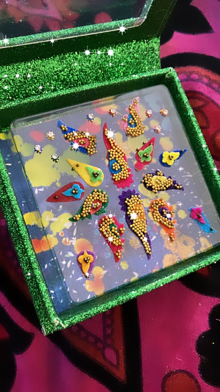 Handmade teardrop colorful Indian bindis velvet and gold beads face and body makeup great for nail art too!