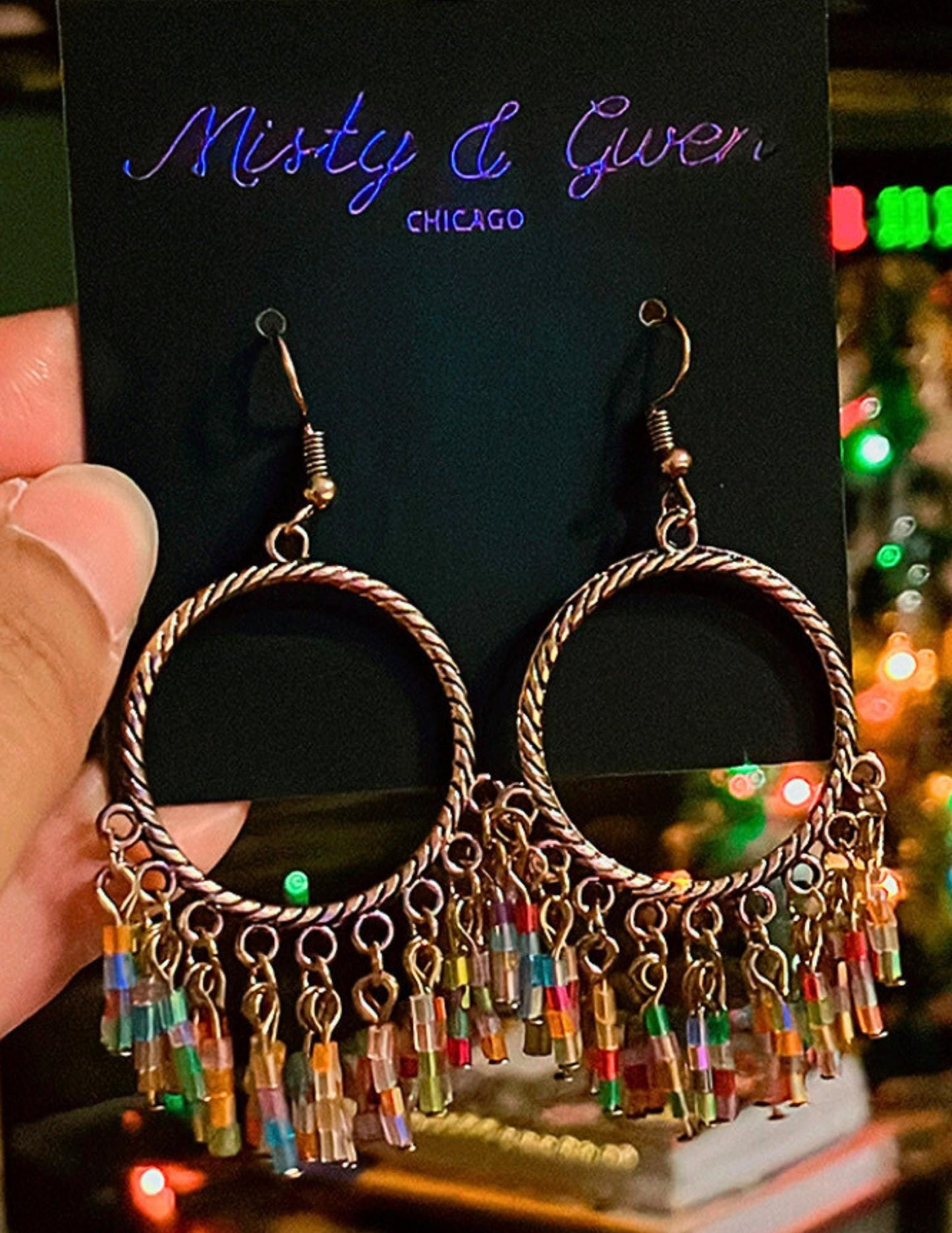 Lightweight chandelier hoop dangle boho earrings in rustic gold and pastel rainbow beads packaged in a cute gift box