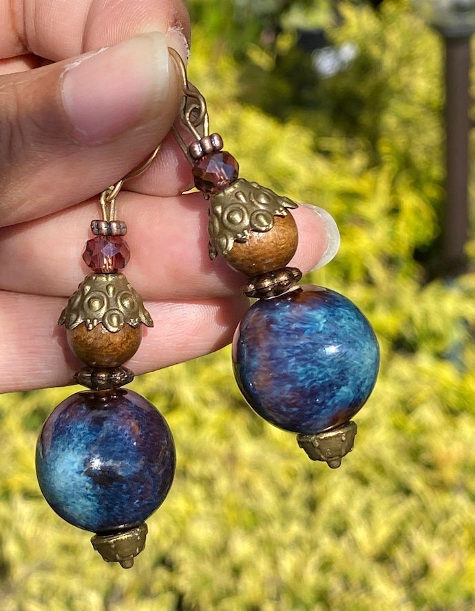 Handmade Hippie dangle drop Starburst Nebula Galaxy antique vintage bronze wood crystal bead Enchanting Witch trending traveler earrings