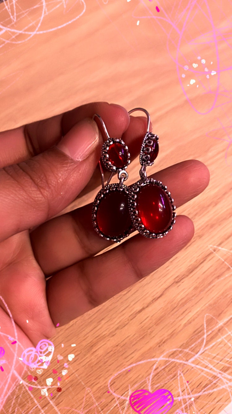 Handmade faux cherry red crimson and silver dangle drop lightweight minimal ear wire ruby statement earrings jewelry free gift for her