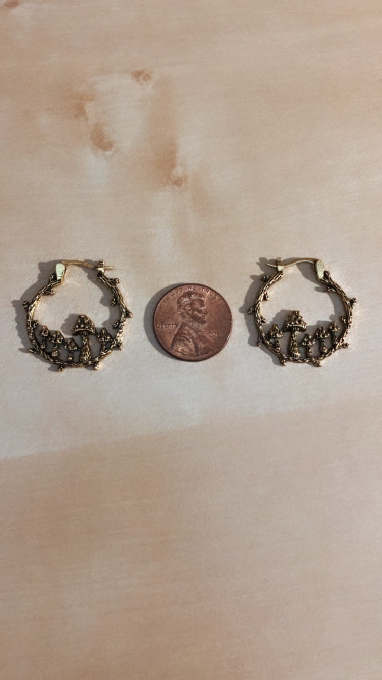 Lightweight small gold tree magic mushroom Hoop Earrings Carved Ancient Metal Mushroom Tribal Hoop Dangle Earrings festival shroom Jewelry