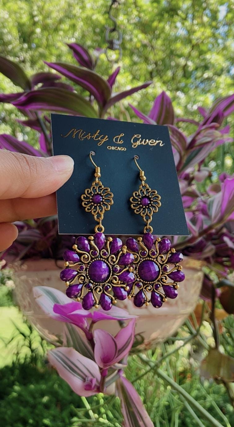 Arabian Nights royal purple stone crystal mandala dangle lotus flower earrings in antique gold bronze