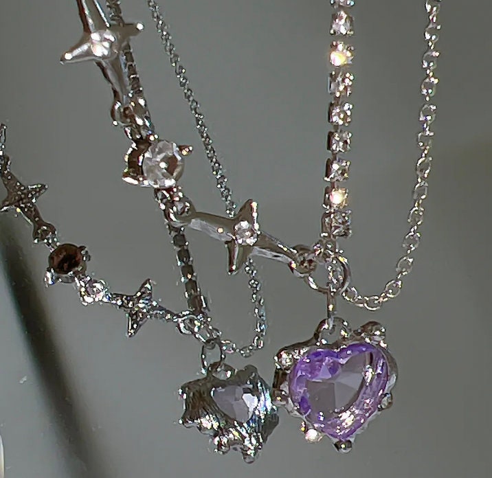 Girly Baddie Purple lavender silver Crystal Heart Necklace Fashion Shiny Chain Necklaces Women pretty Girls New Trendy Gift Jewelry Free