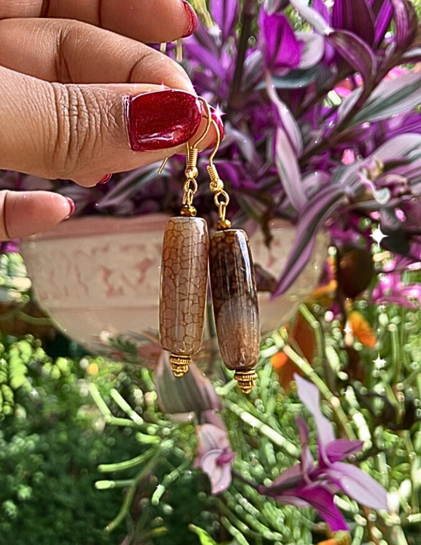 Handmade Gold and beige Egyptian desert sand earring minimalist tan natural raw organic terracotta rock stone bead earrings with fish hook