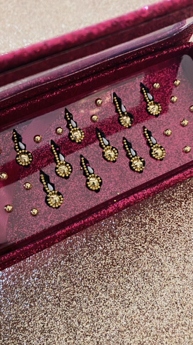 Handmade fortune teller gold and black velvet bead Diwali bindis in a pink glitter box
