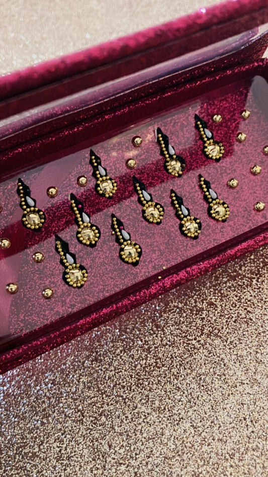 Handmade fortune teller gold and black velvet bead Diwali bindis in a pink glitter box
