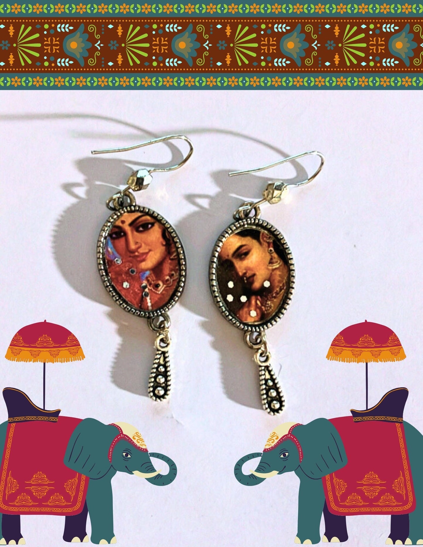 Handmade Raja Ravi Indian Painting Photo Faux Silver Red Print glitter dangle drop minimalist Bohemian India jewelry earrings gift for her