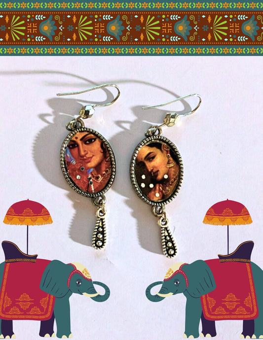 Handmade Raja Ravi Indian Painting Photo Faux Silver Red Print glitter dangle drop minimalist Bohemian India jewelry earrings gift for her