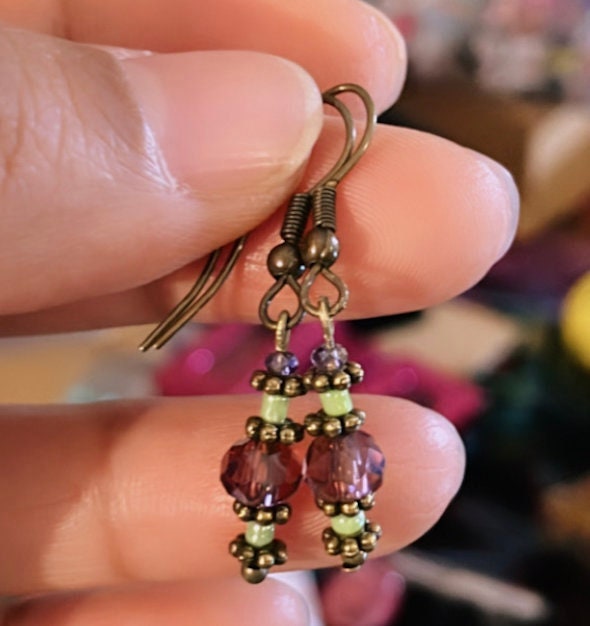 Tiny charmed minimalist earthy bronze green and dusty rose boho pendant bead earrings