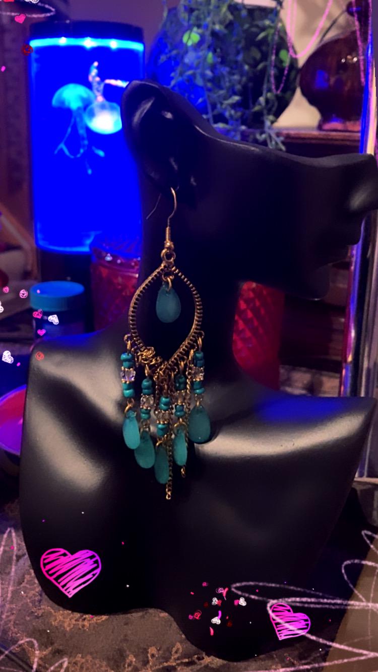 Turkish Renaissance and Classical Era inspired turquoise and gold chandelier lightweight earrings come in a vintage inspired Renaissance box