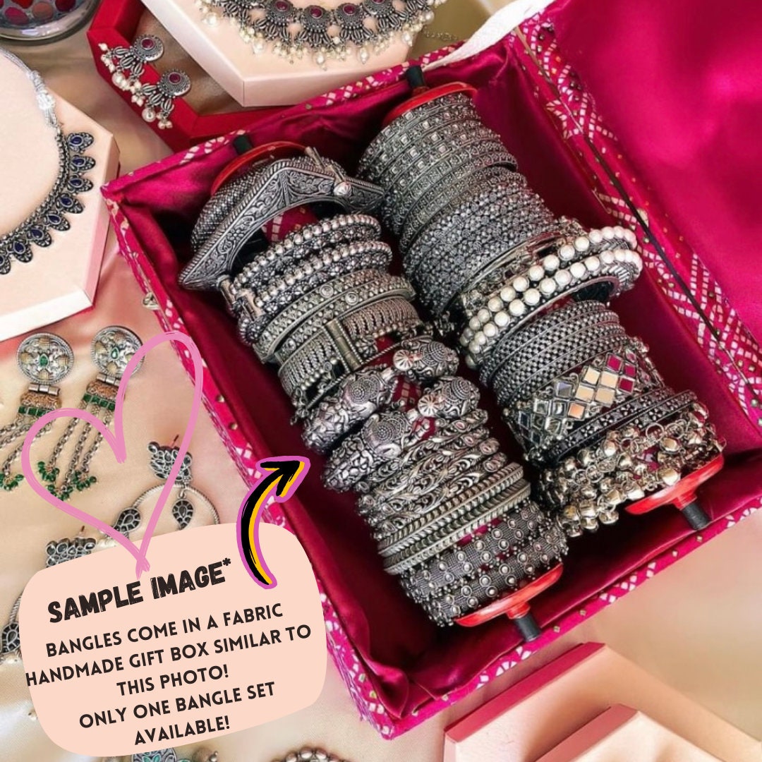 8.5" Gift Box Hot pink India wedding Bangles multi-colored glass gold glitter temple colorful elegant Indian sparkle bangle free shipping