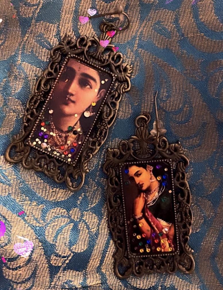 Handmade 1800s regal India Raja Ravi artist folklore printed photo antique picture frame portrait earrings with colorful crystals in bronze