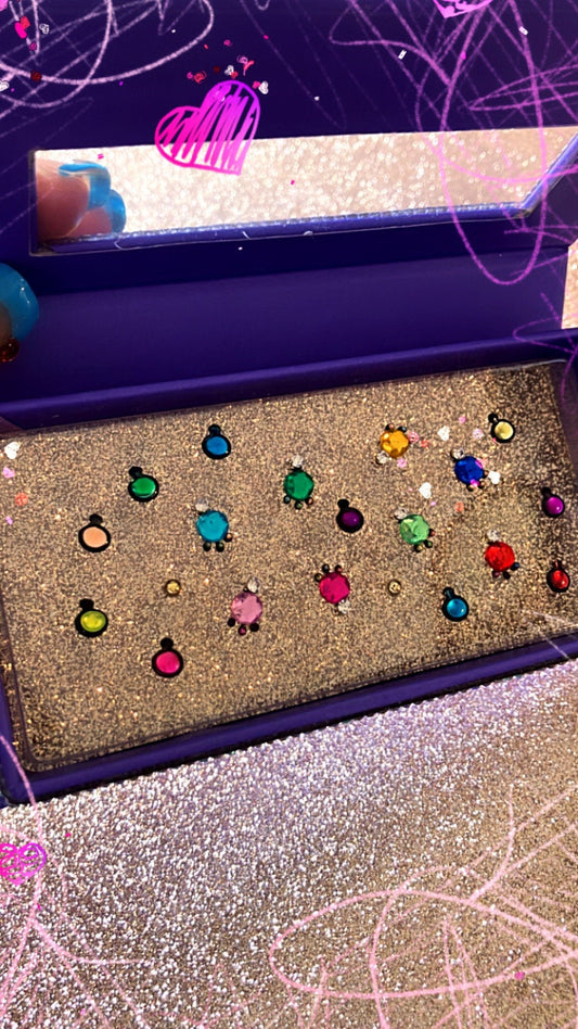 Colorful cute minimalist bindi collection in purple crystal box simple assorted rhinestone bindis as face and body makeup and jewelry