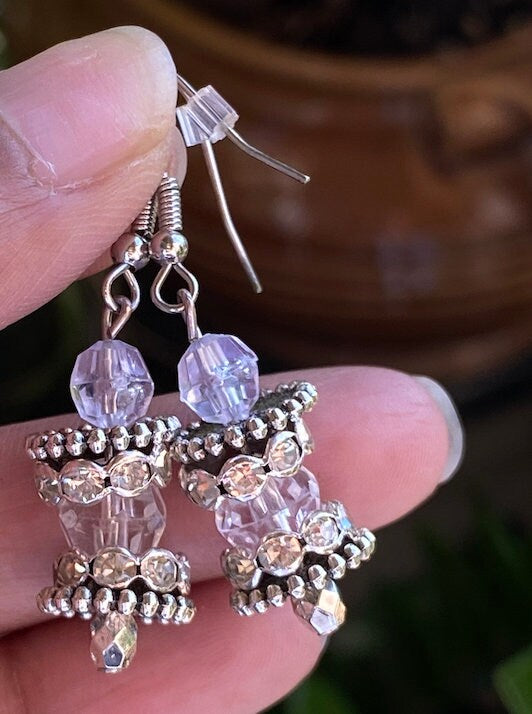 Handmade boho hippie tribal belly dancer white silver clear translucent crystal glass stone bead earrings for travelers and Tibetan gypsy