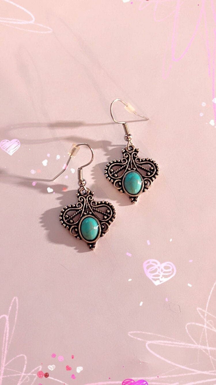 Handmade Vintage antique faux silver Turquoise Gemstone opal blue green stone ornamental Bohemian Hippie crystal Rustic earrings free gift
