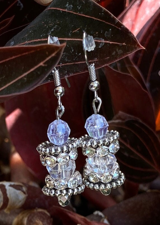 Handmade boho hippie tribal belly dancer white silver clear translucent crystal glass stone bead earrings for travelers and Tibetan gypsy