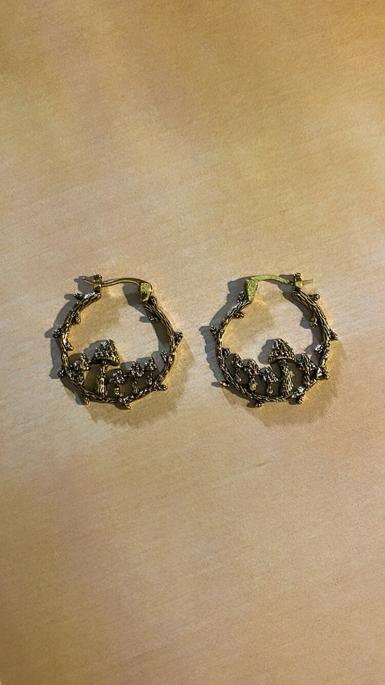 Lightweight small gold tree magic mushroom Hoop Earrings Carved Ancient Metal Mushroom Tribal Hoop Dangle Earrings festival shroom Jewelry