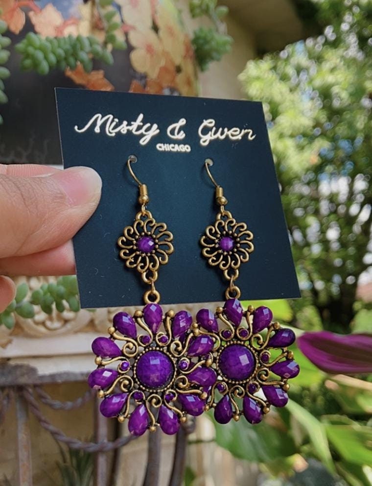Arabian Nights royal purple stone crystal mandala dangle lotus flower earrings in antique gold bronze