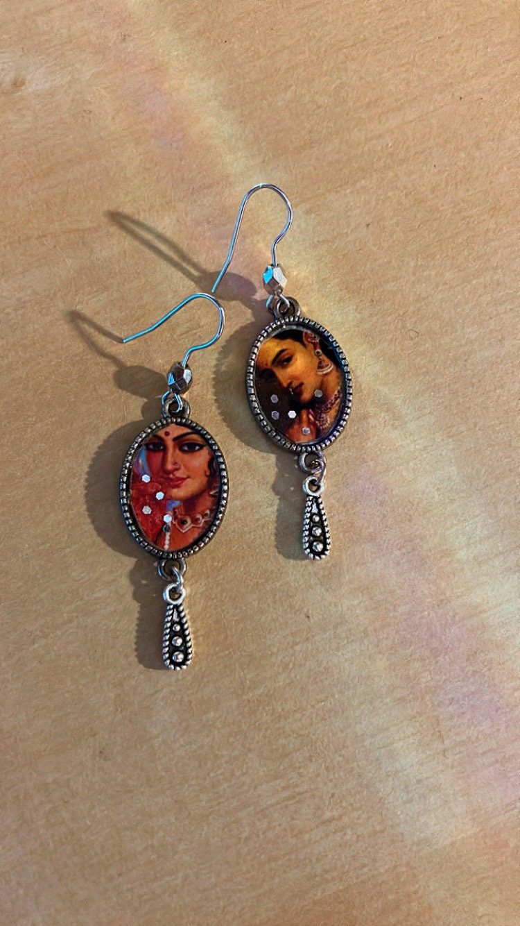 Handmade Raja Ravi Indian Painting Photo Faux Silver Red Print glitter dangle drop minimalist Bohemian India jewelry earrings gift for her