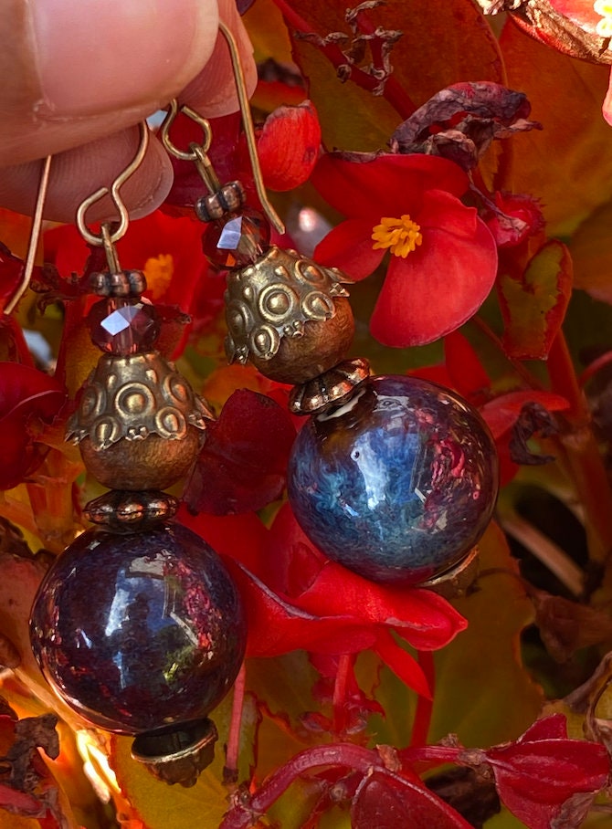 Handmade Hippie dangle drop Starburst Nebula Galaxy antique vintage bronze wood crystal bead Enchanting Witch trending traveler earrings