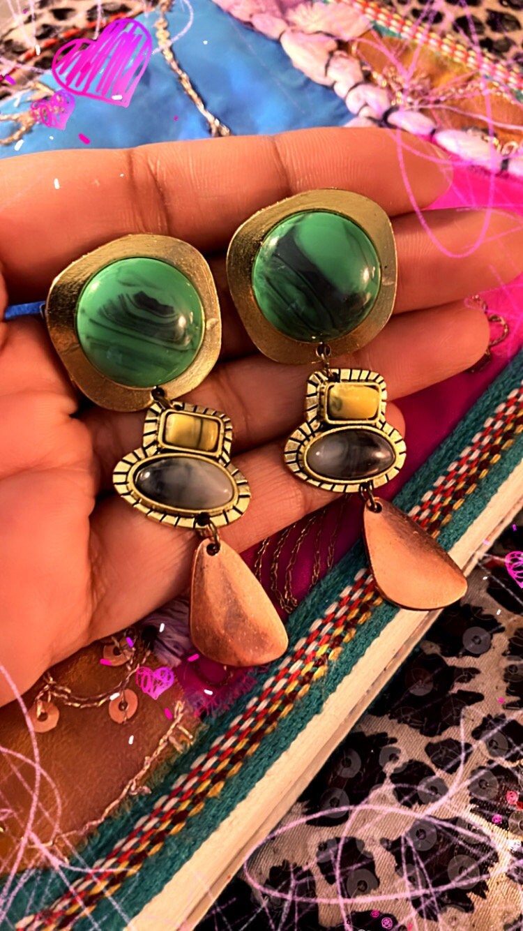 Faux rock gemstone brass asymmetrical statement dangle drop earrings gold with malachite stone crystal tribal dancer jewelry for travelers