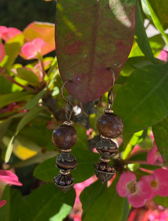 Handmade Tibetan Boho hippie gypsy nature wooden bronze antique gold rustic tribal dangle drop earrings for good luck and for travelers