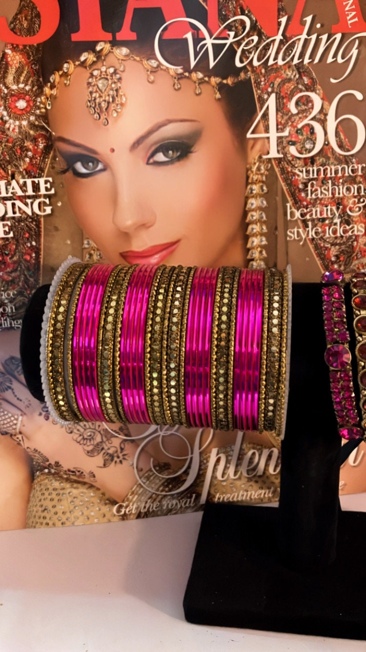 8.5" Gift Box Hot pink India wedding Bangles multi-colored glass gold glitter temple colorful elegant Indian sparkle bangle free shipping