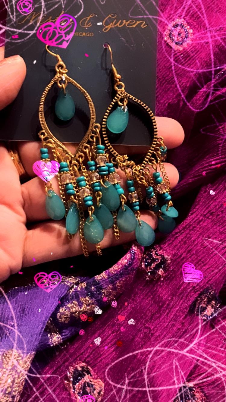 Turkish Renaissance and Classical Era inspired turquoise and gold chandelier lightweight earrings come in a vintage inspired Renaissance box