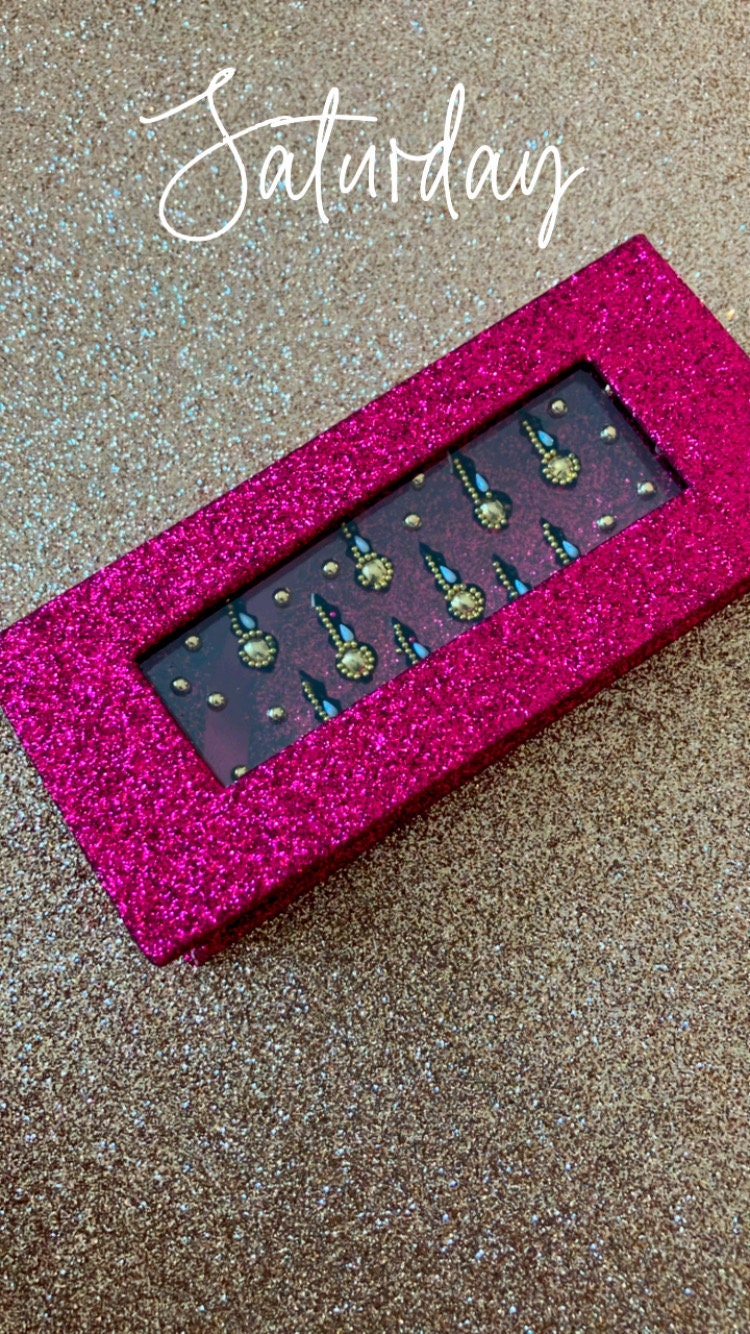 Handmade fortune teller gold and black velvet bead Diwali bindis in a pink glitter box