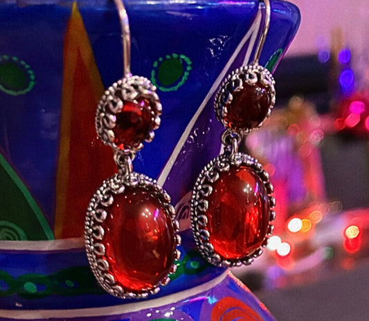 Handmade faux cherry red crimson and silver dangle drop lightweight minimal ear wire ruby statement earrings jewelry free gift for her