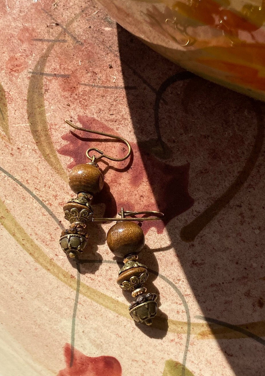 Handmade Tibetan Boho hippie gypsy nature wooden bronze antique gold rustic tribal dangle drop earrings for good luck and for travelers